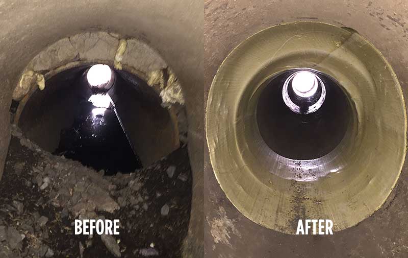 trenchless sewer repair before and after shot
